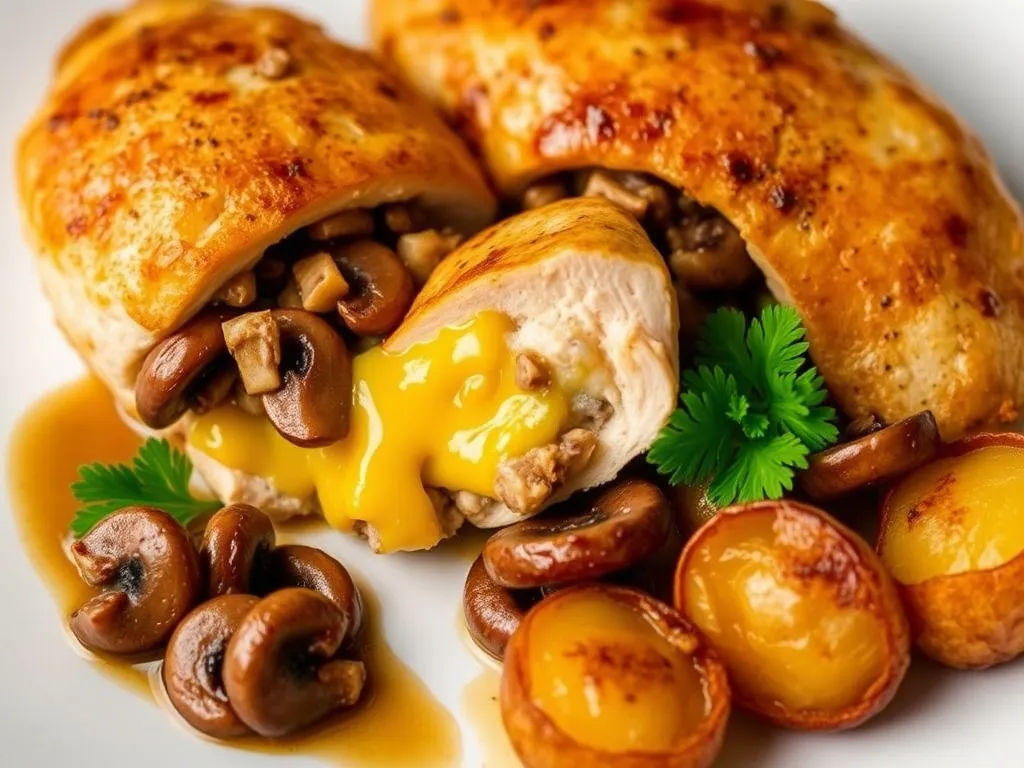Smaczna pierś z kurczaka faszerowana pieczarkami i serem żółtym
