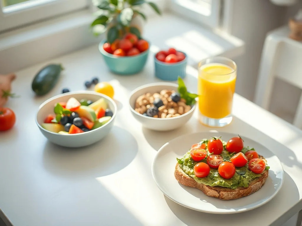 Wegetariańskie śniadanie: tost z awokado, sałatka owocowa i sok pomarańczowy na jasnym, słonecznym stole kuchennym.