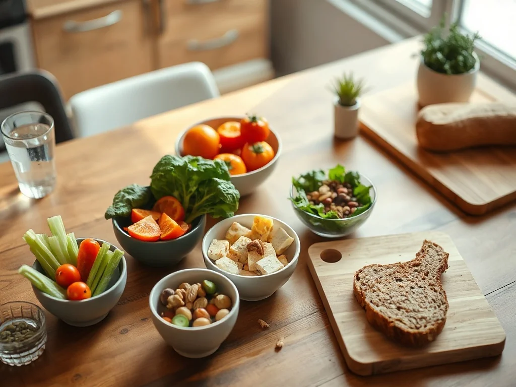 Kolorowe warzywa, owoce, strączki, tofu i pełnoziarniste pieczywo na stole jako propozycja zbilansowanej diety wegańskiej.