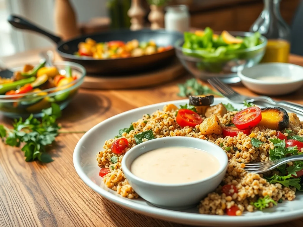 Kolorowy wegetariański obiad: miska z komosą, pieczonymi warzywami i sosem na tle sałatek i stir-fry na drewnianym stole.