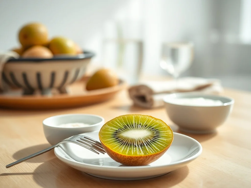 Pokrojone kiwi z jogurtem na jasnym talerzu, w lekkiej, minimalistycznej aranżacji zdrowego śniadania.