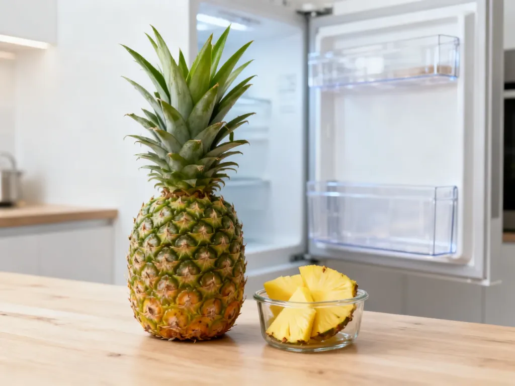 Dojrzały ananas i pokrojone kawałki na blacie kuchennym, w tle lodówka z pojemnikiem do przechowywania żywności