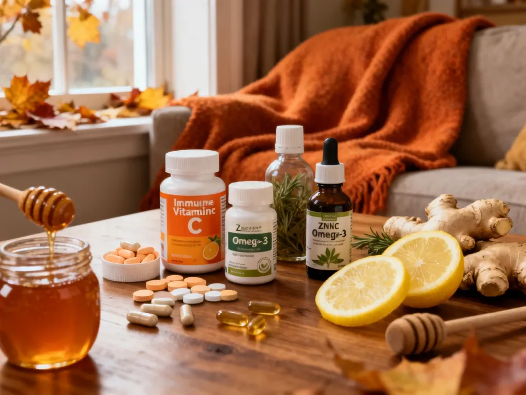 Jesienne suplementy na odporność: witamina C, cynk, omega-3, zioła, cytryna, imbir i miód na drewnianym stole w przytulnym wnętrzu